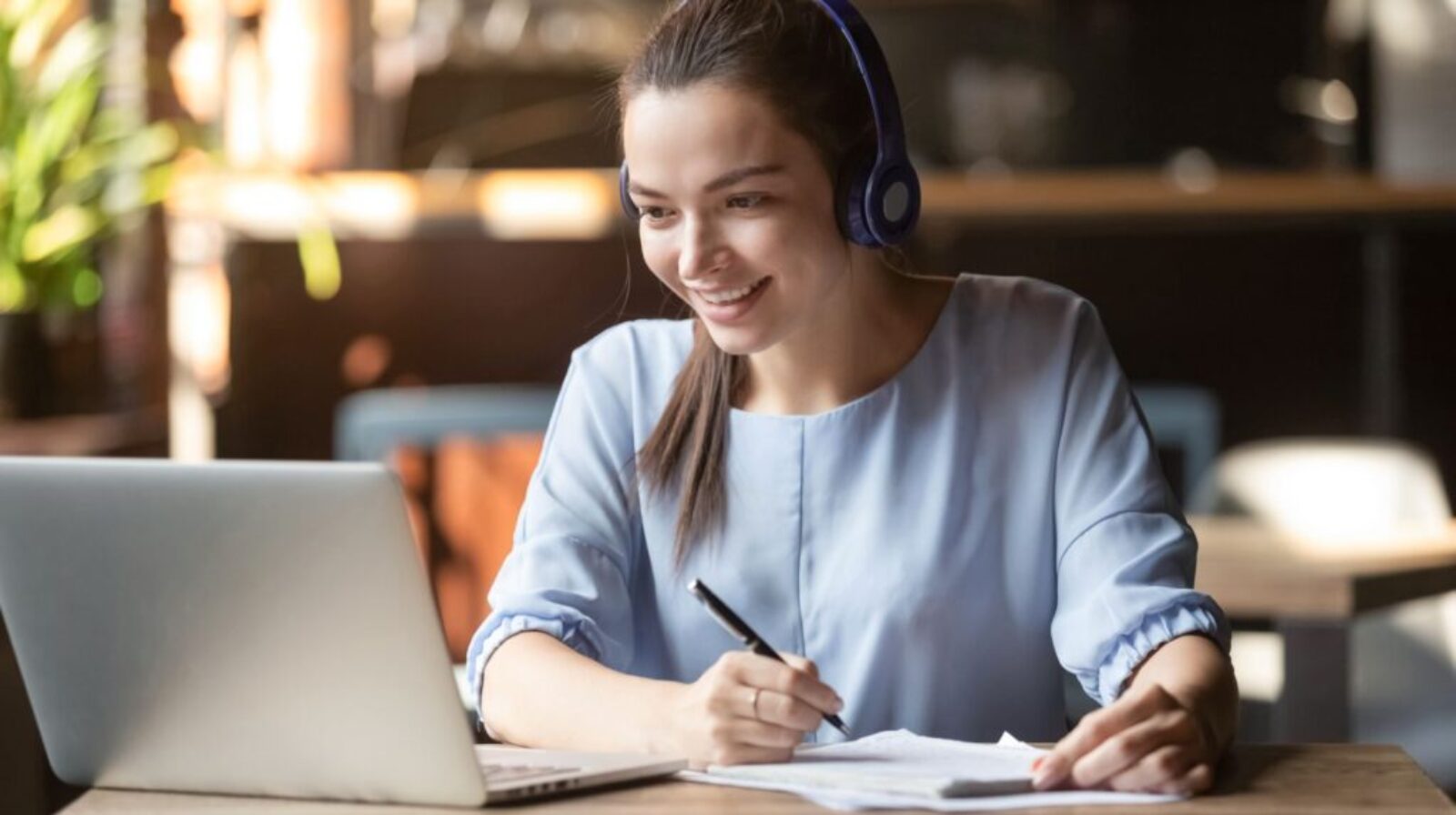 Smiling,Girl,Student,Wear,Wireless,Headphone,Study,Online,With,Skype